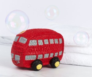 Natural rubber red double decker bus baby toy with grey windows and white and black wheels